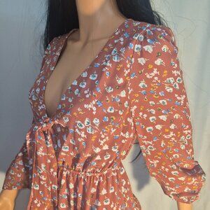 REVAMPED ruffled dress, midi, Rust w/ floral design in size X-Small
